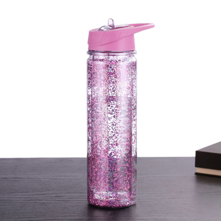 250ml 550ml Glitter Branded Double Wall Plastic Drinking Bottle with Straw And Lid