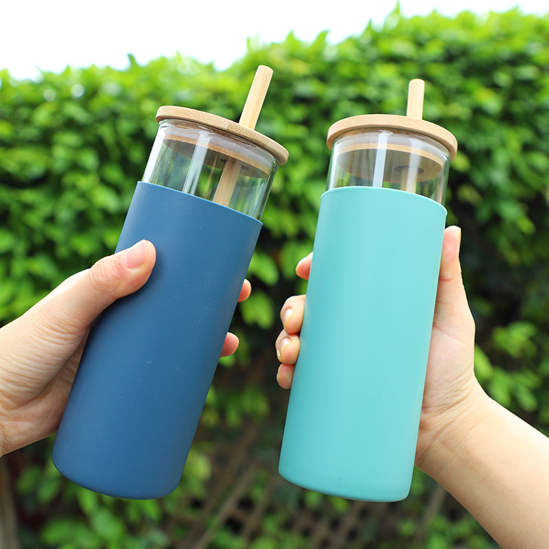 350ml 480ml Eco Friendly Stylish Borosilicate Silicone Glass with Bamboo Straw And Lid