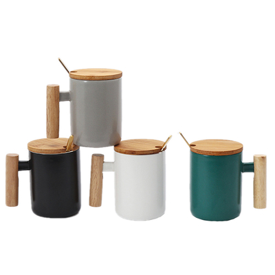 380ml Hot Selling Colored Wooden Handle Ceramic Coffee Cup Set