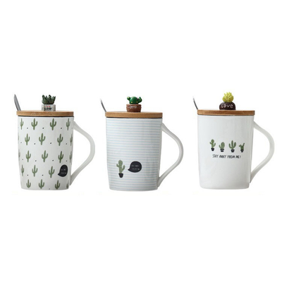 350ml New Design Ceramic Mug with Wooden Lid Cactus Coffee Cup
