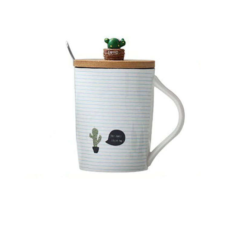 350ml New Design Ceramic Mug with Wooden Lid Cactus Coffee Cup