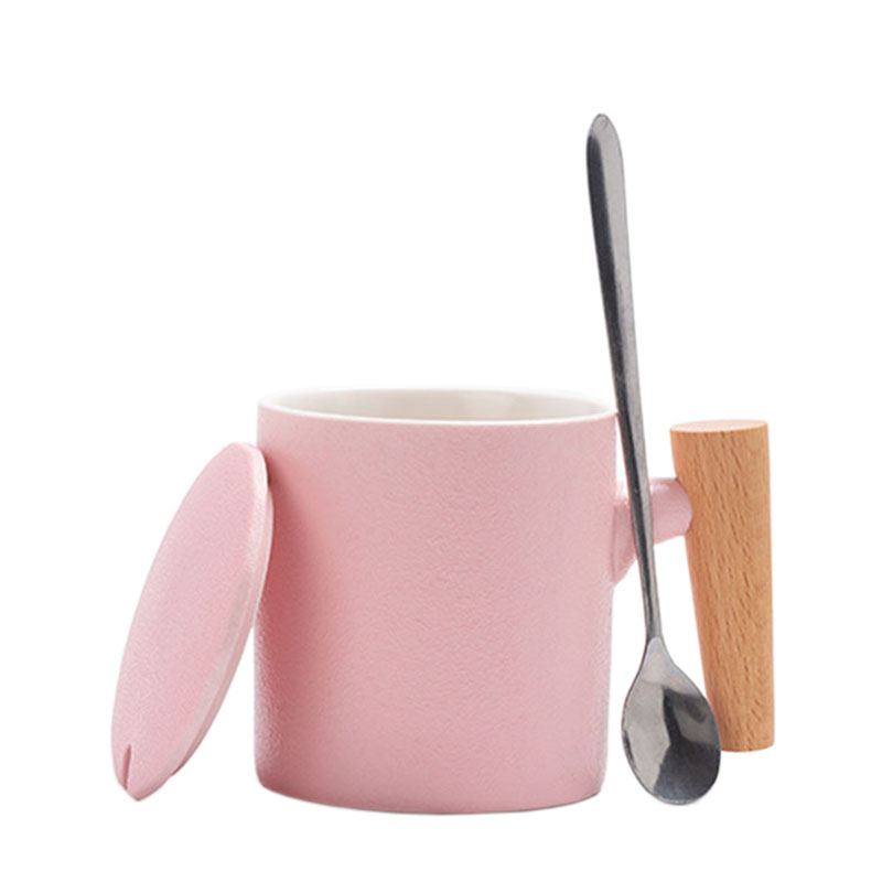 360ml New Design Ceramic Coffee Mug with Wooden Lid And Metal Spoon