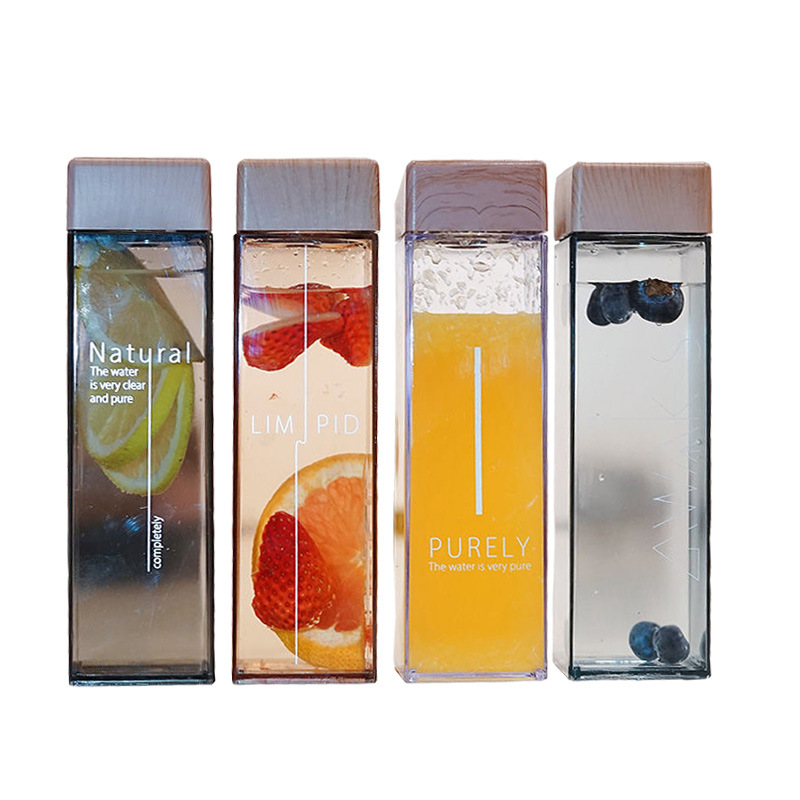 450ml Creative Portable Leakproof Square Plastic Water Bottles with Wood Grain Lid
