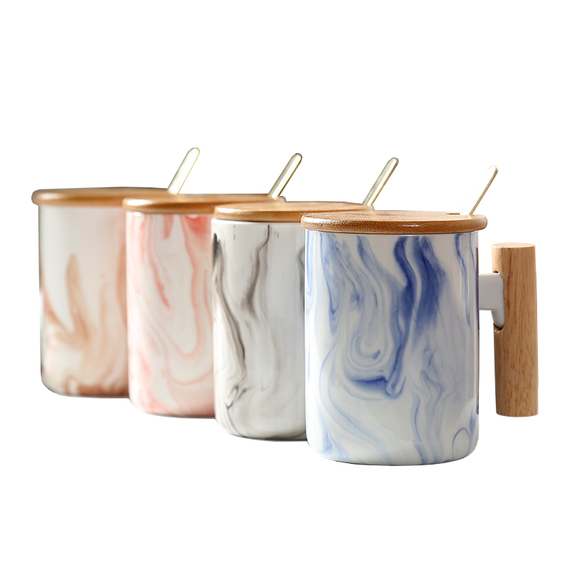 220ml Hot Sale Personalized Marble Bamboo Lid Ceramic Cup with Spoon