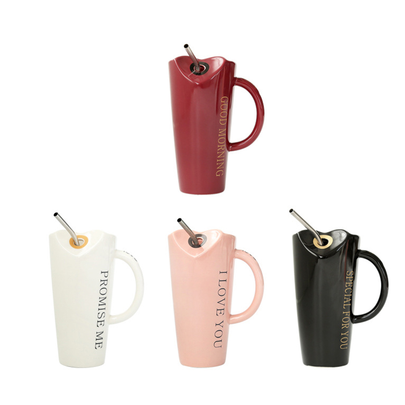 450ml Nordic Style Large Capacity Colored Heart-shaped Ceramic Coffee Straw Cup