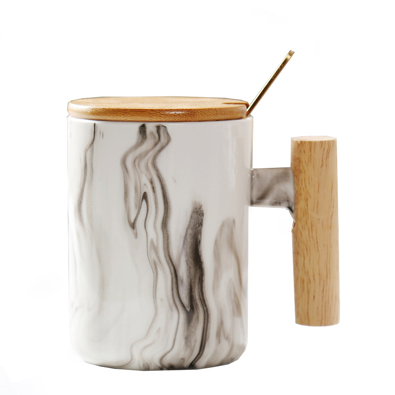 220ml Hot Sale Personalized Marble Bamboo Lid Ceramic Cup with Spoon